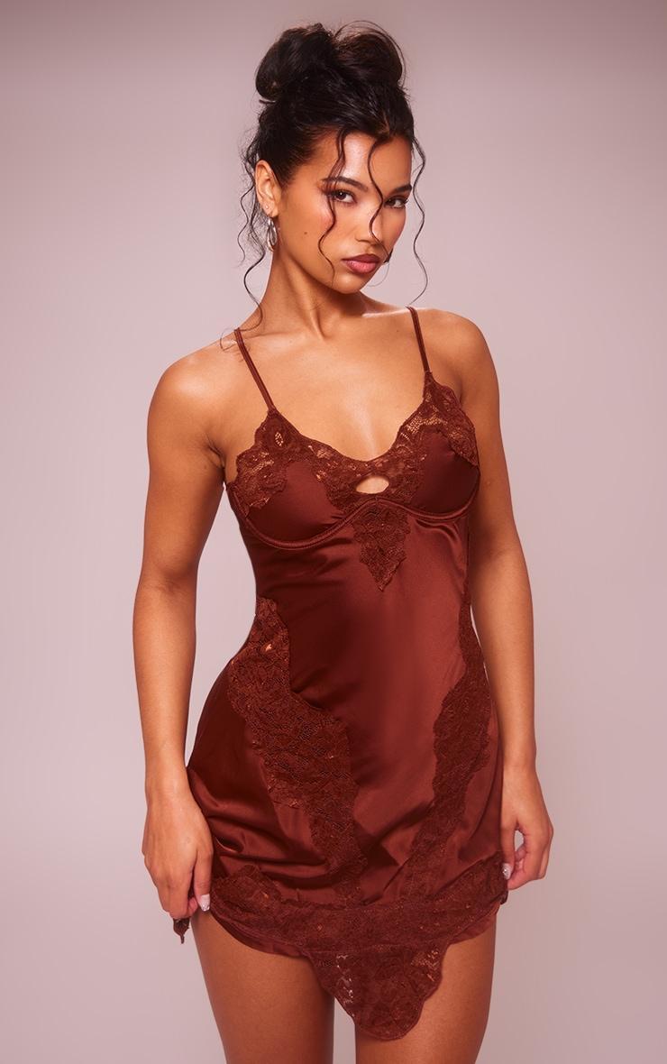 Chocolate Brown Satin Lace Trim Underwire Mini Shift Dress Product Image