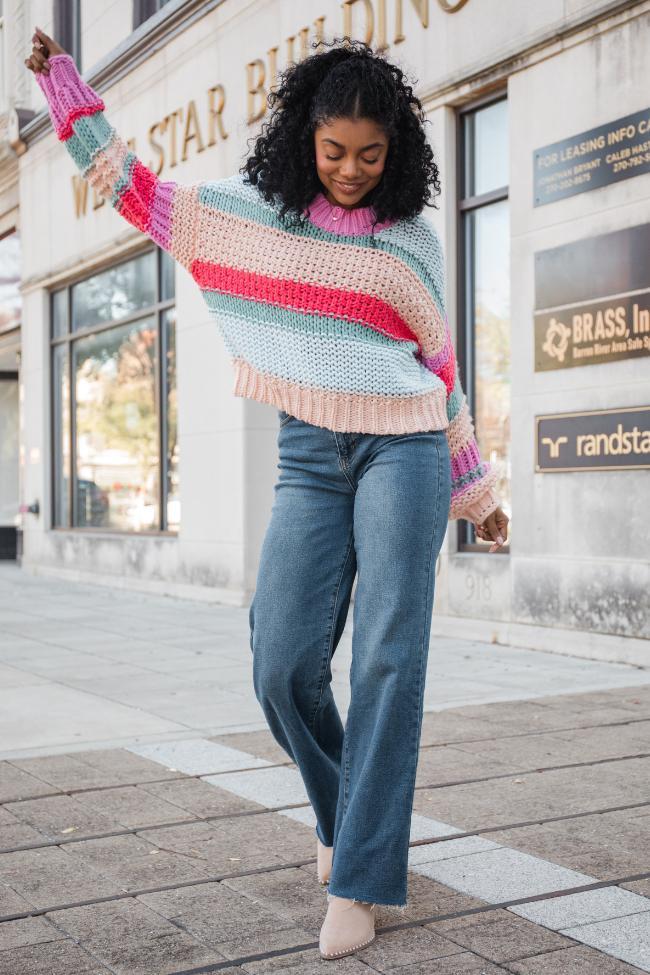 In Line Peach Multi Chunky Striped Sweater Product Image