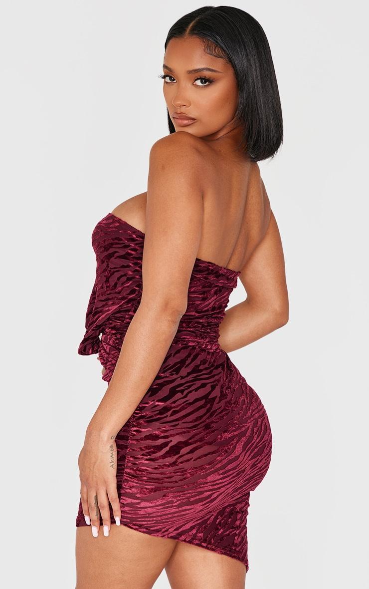 Shape Burgundy Zebra Devore Bandeau Ruched Side Mini Dress Product Image