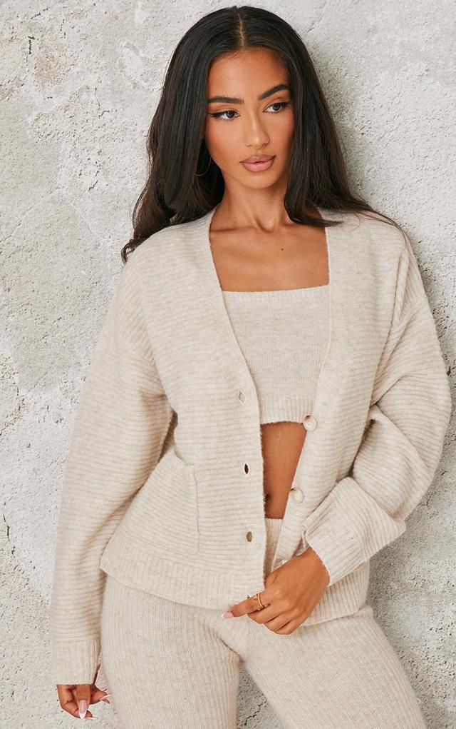 Petite Oatmeal Rib Knit Oversized Cardigan Product Image