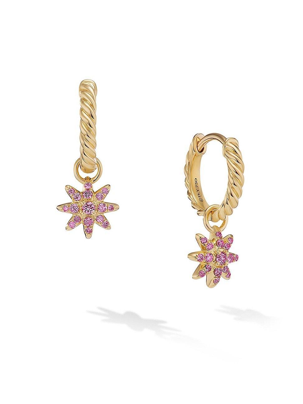 Womens Petite Starburst Drop Earrings in 18K Yellow Gold with Pink Sapphires, 18.1MM Product Image