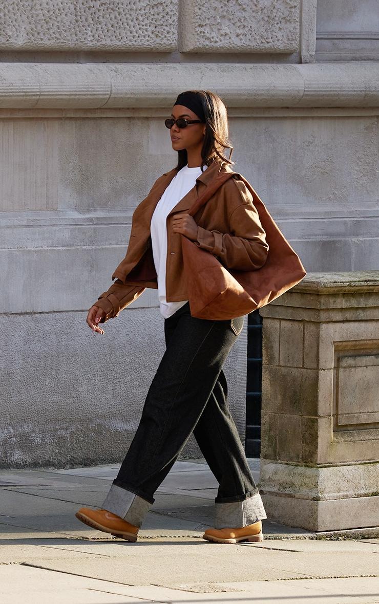 Brown Faux Suede Double Breasted Cropped Trench Coat Product Image