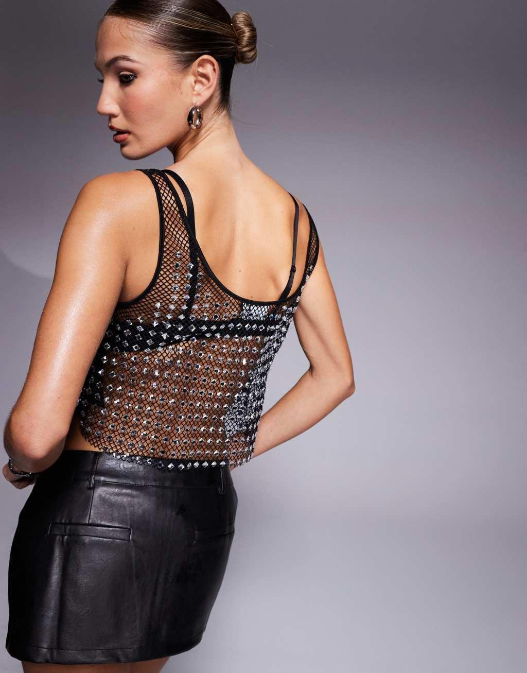 ASOS DESIGN fishnet hotfix detail tank top in black Product Image