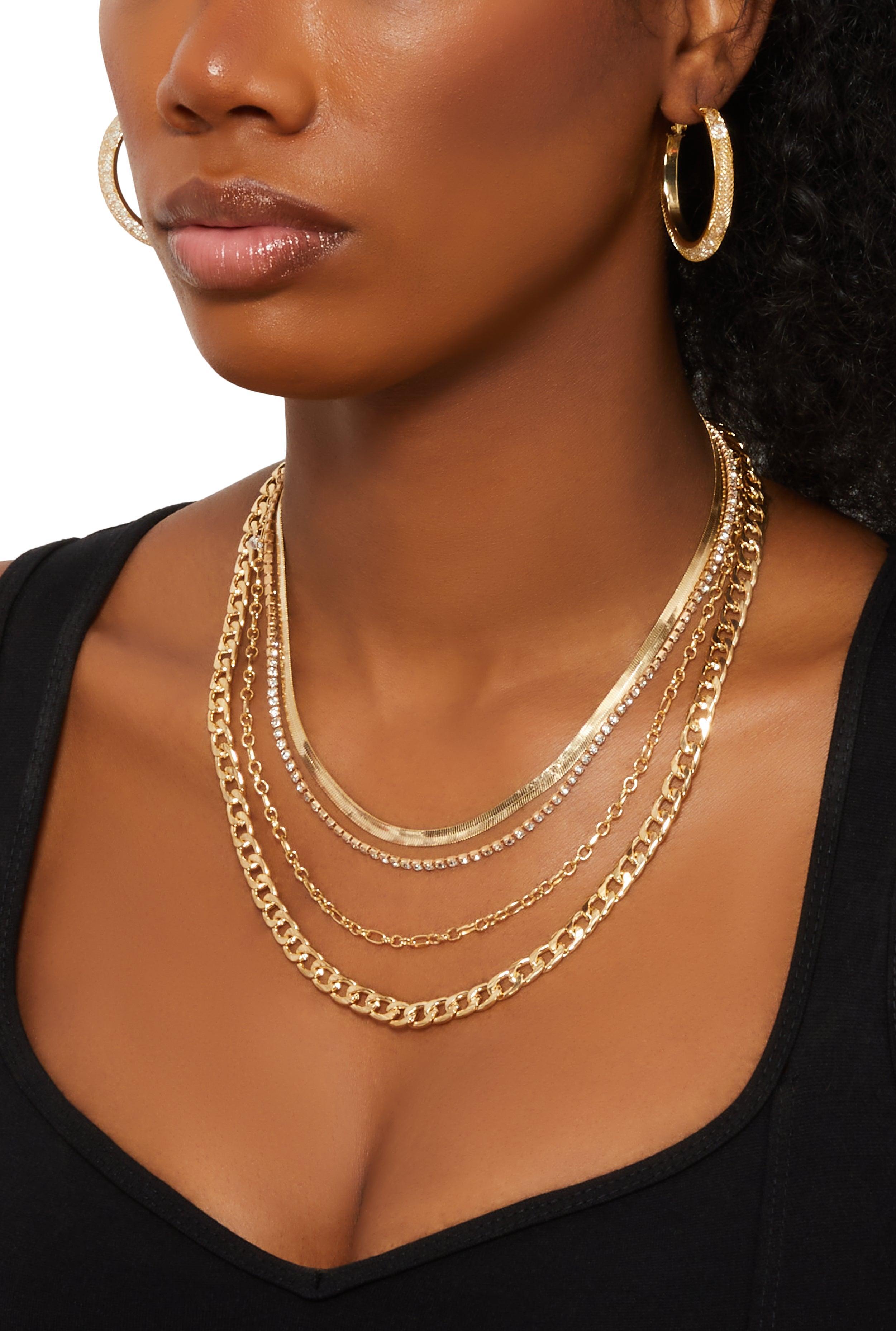 Womens Layered Chain Necklace and Rhinestone Caged Hoop Earrings Product Image