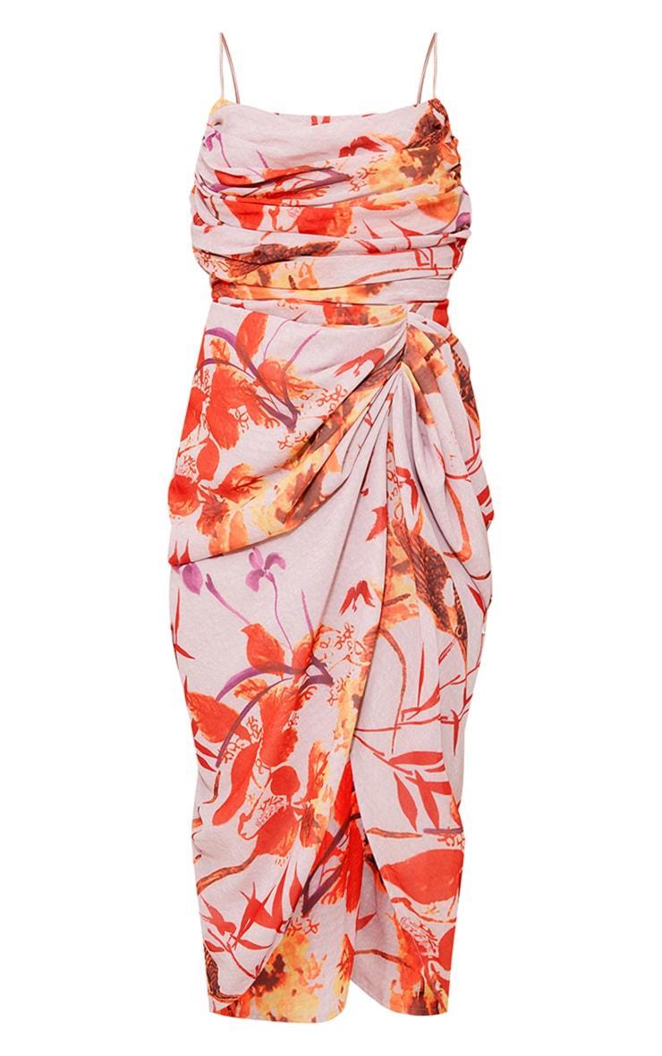 Pink Oriental Floral Print Chiffon Ruched Drape Midi Dress Product Image