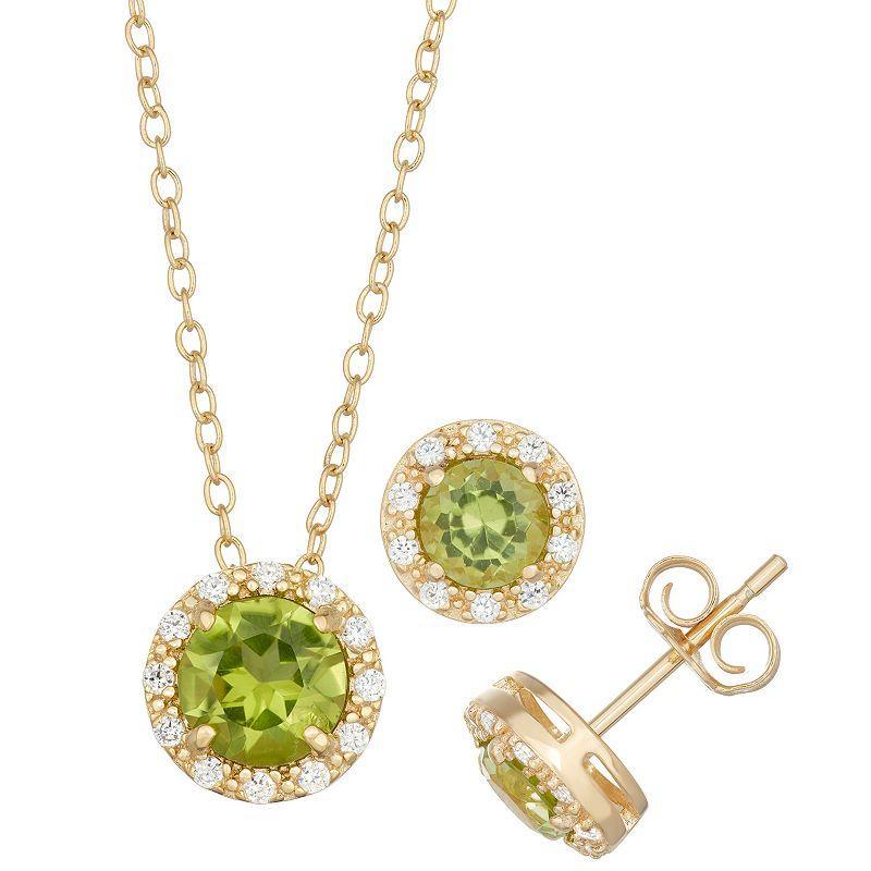 18k Gold Over Silver Peridot & Cubic Zirconia Halo Pendant Necklace & Stud Earrings Set, Womens Green Product Image