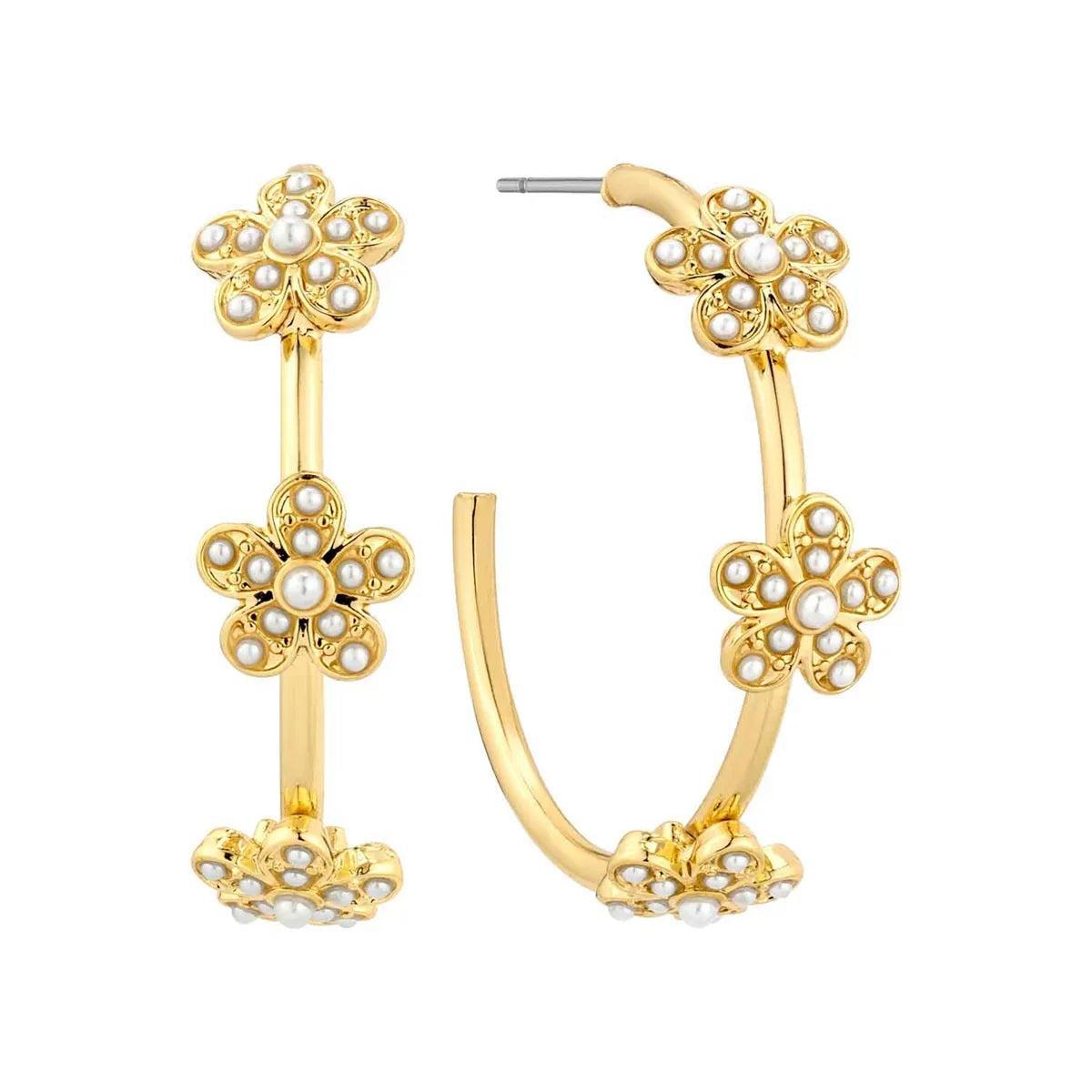 Gold Flower with Pearl Accent 1.25" Hoop Earring Product Image