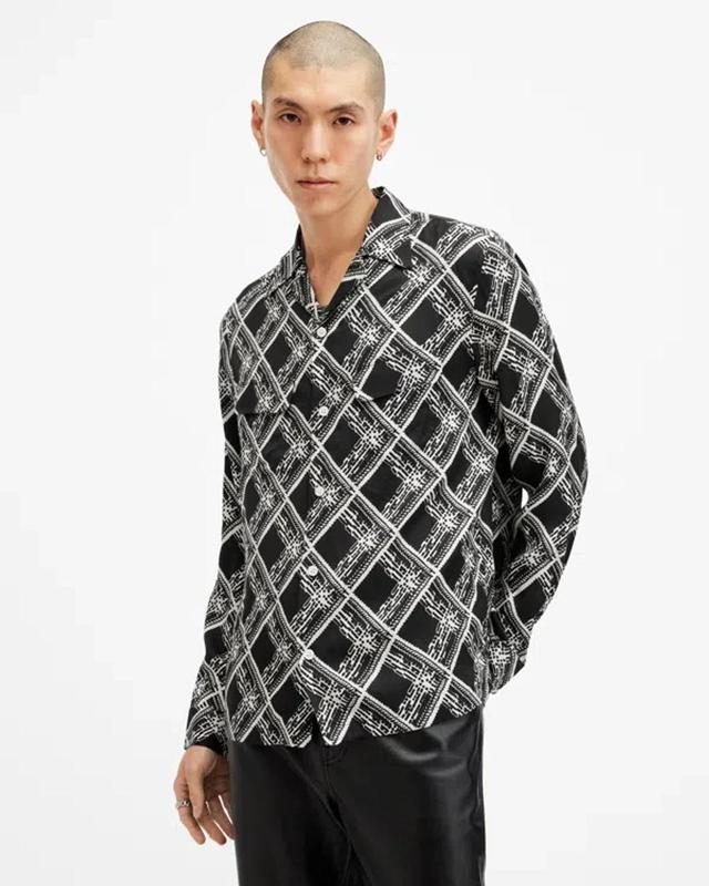 ALLSAINTS Grid Printed Long Sleeve Shirt In Jet Black Product Image