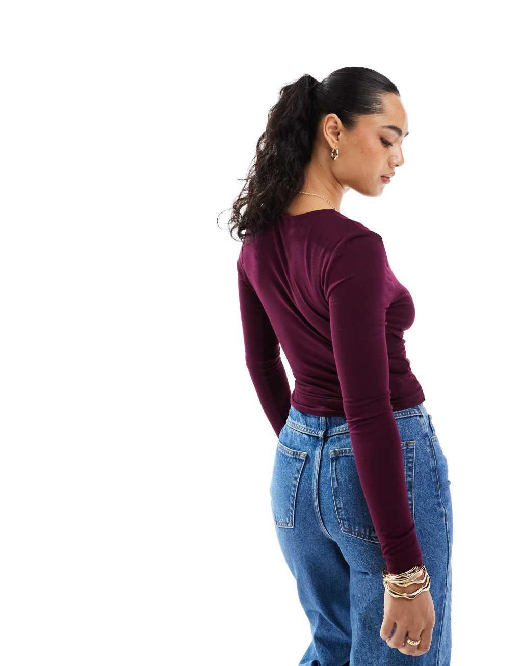 Miss Selfridge wrap over jersey long sleeve top in plum Product Image