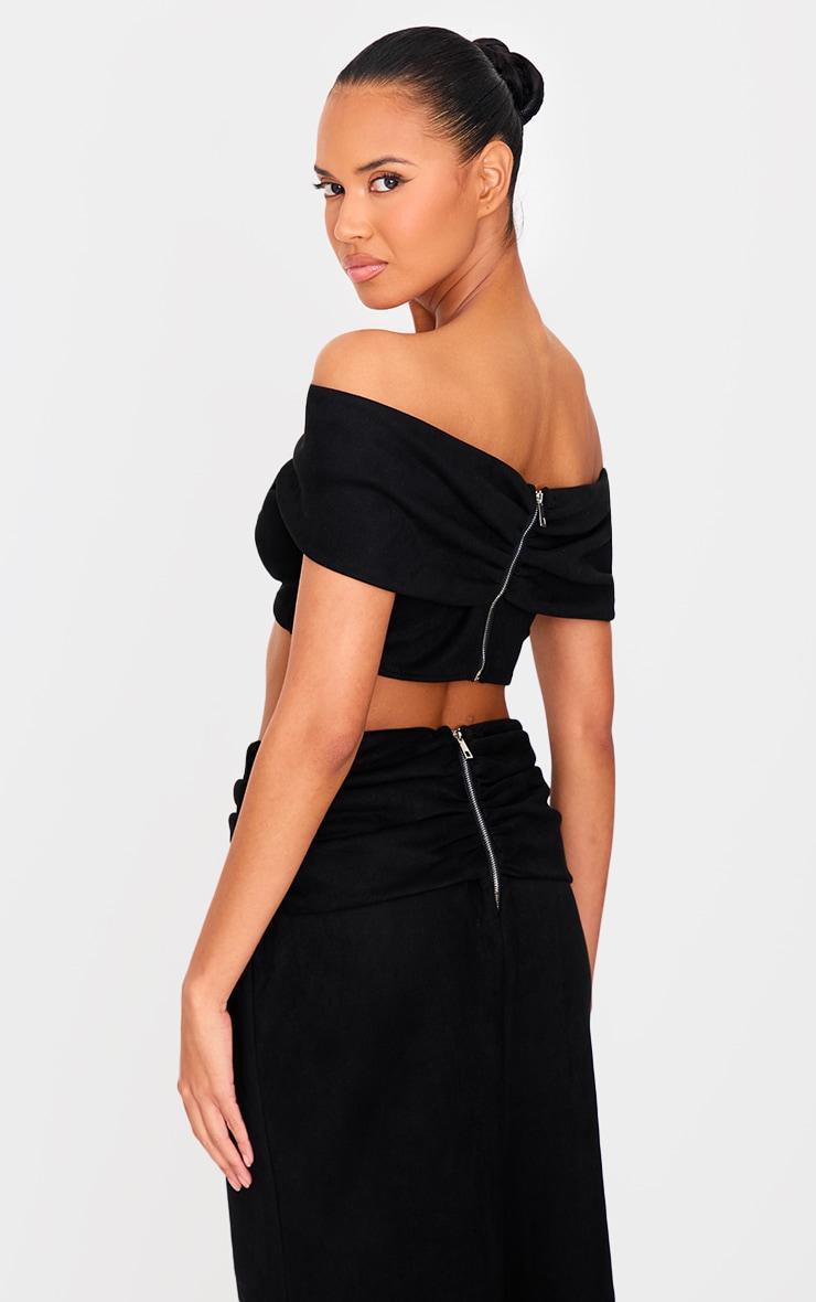 Black Faux Suede Ruched Twist Off The Shoulder Crop Top Product Image