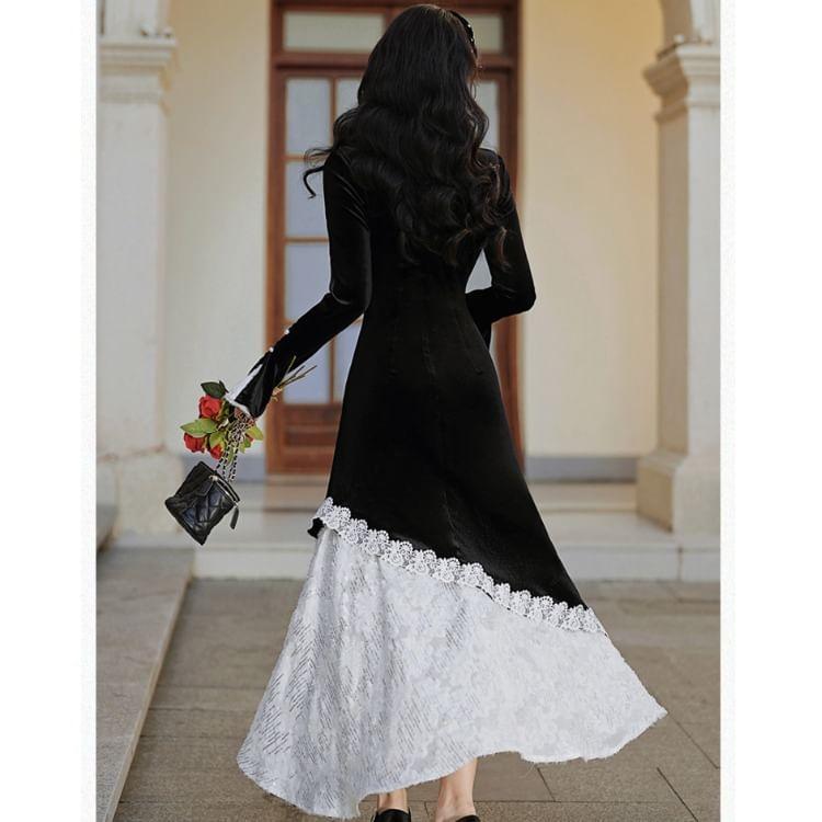 Long-Sleeve Stand Collar Asymmetrical Lace Panel Velvet Maxi A-Line Dress Product Image