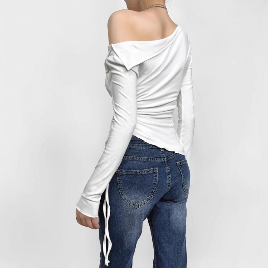 One-Shoulder Long-Sleeve Plain Shirred T-Shirt Product Image