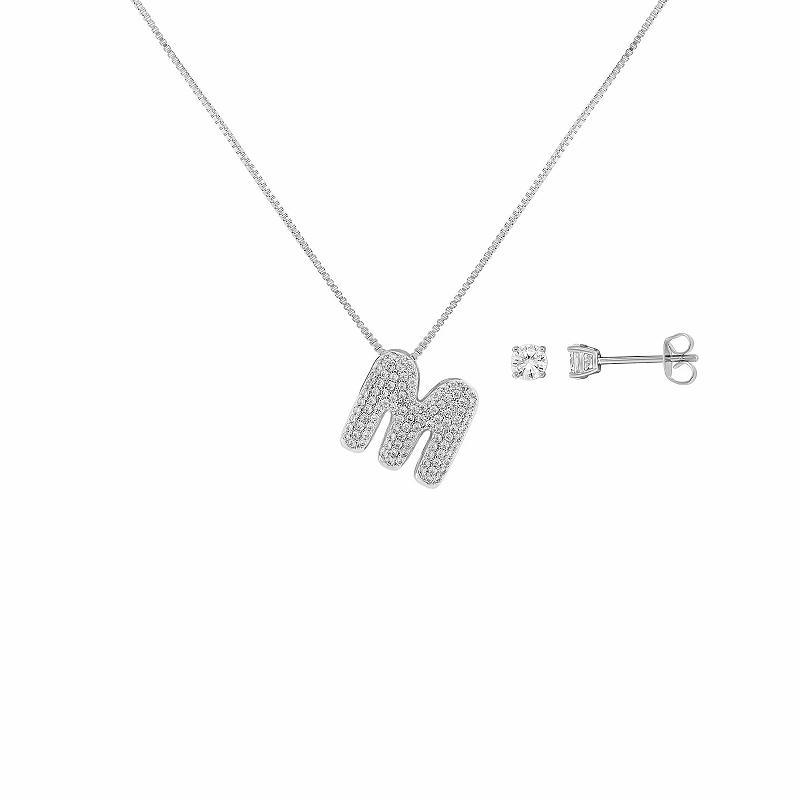 Brilliance Silver Plated Cubic Zirconia Stud Earrings and Initial Pendant Necklace Set, Womens Silver Tone S Product Image