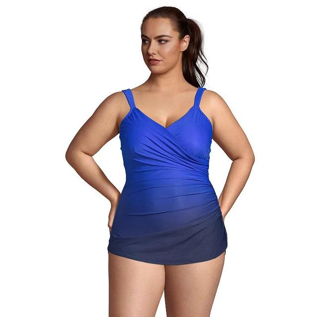 Plus Size Lands End SlenderSuit Skirted One-Piece Swimsuit, Womens Dark Blue Product Image