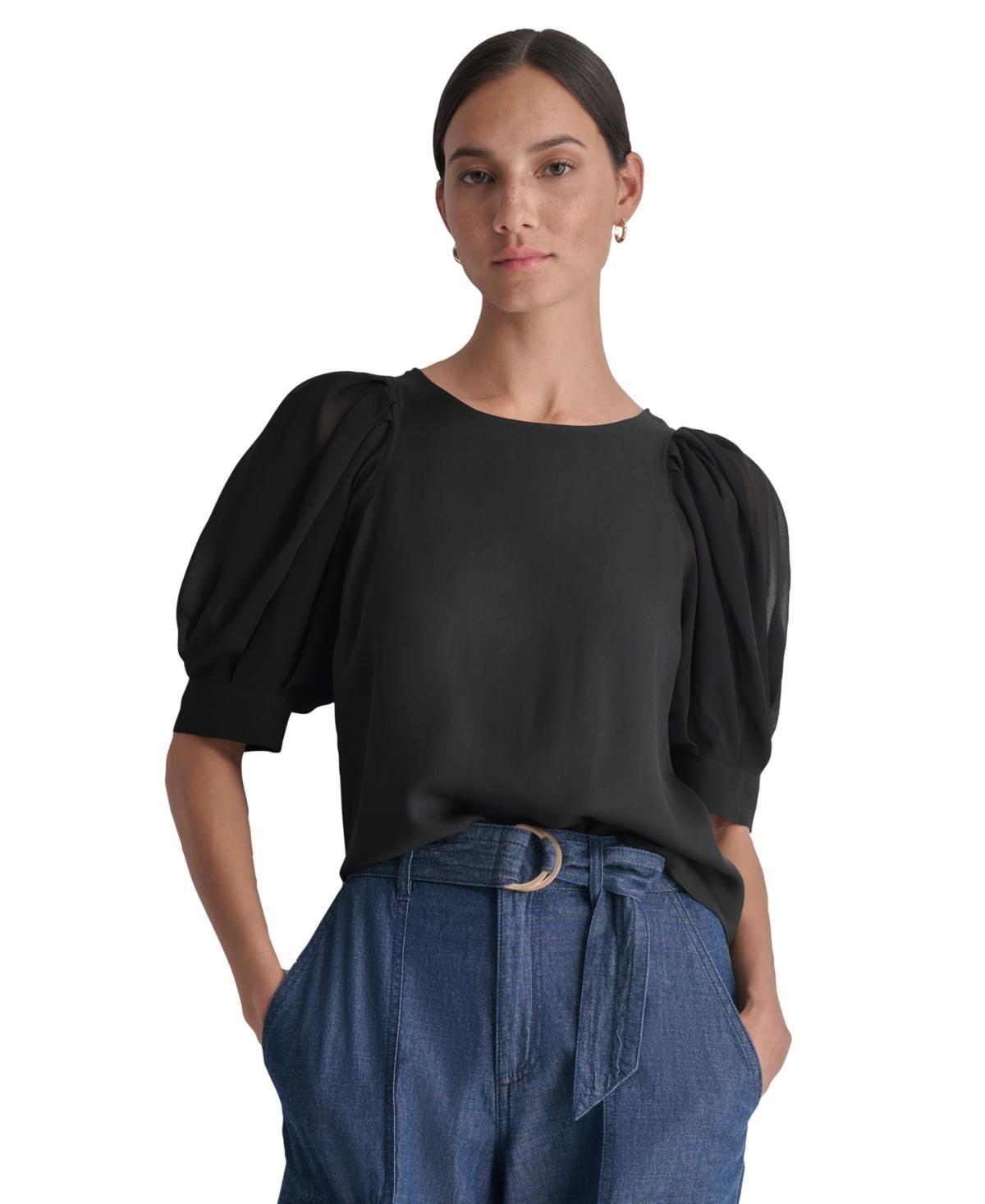 Women's Mixed-Media Chiffon Puff-Sleeve Top Product Image