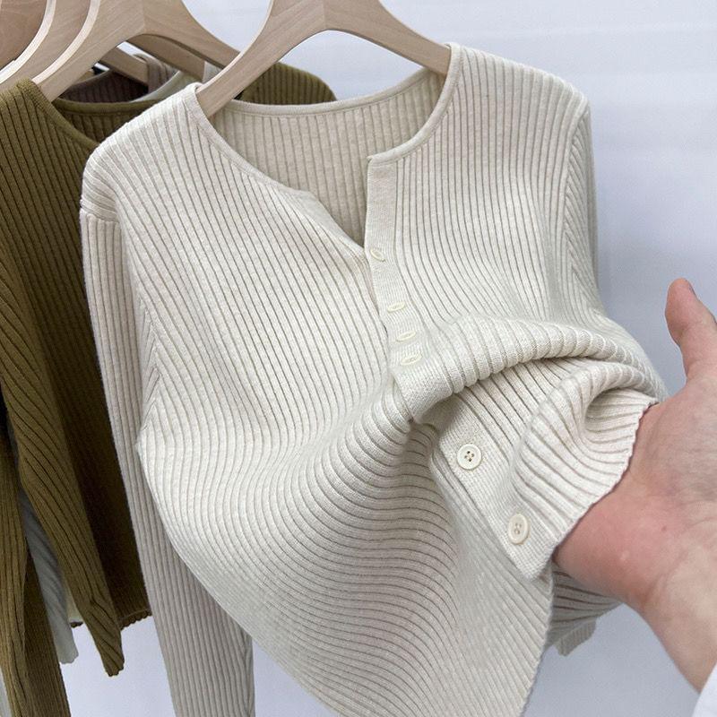 Notch Neck Plain Ribbed Cardigan Product Image