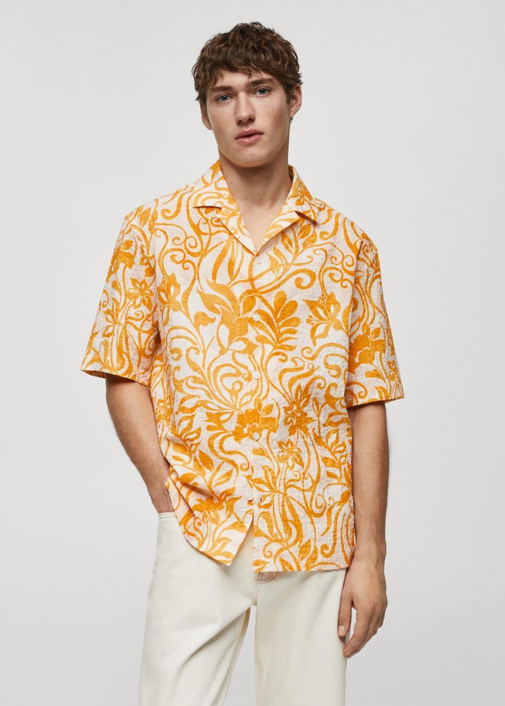 MANGO MAN - Printed texture cotton shirt yellowMen Product Image