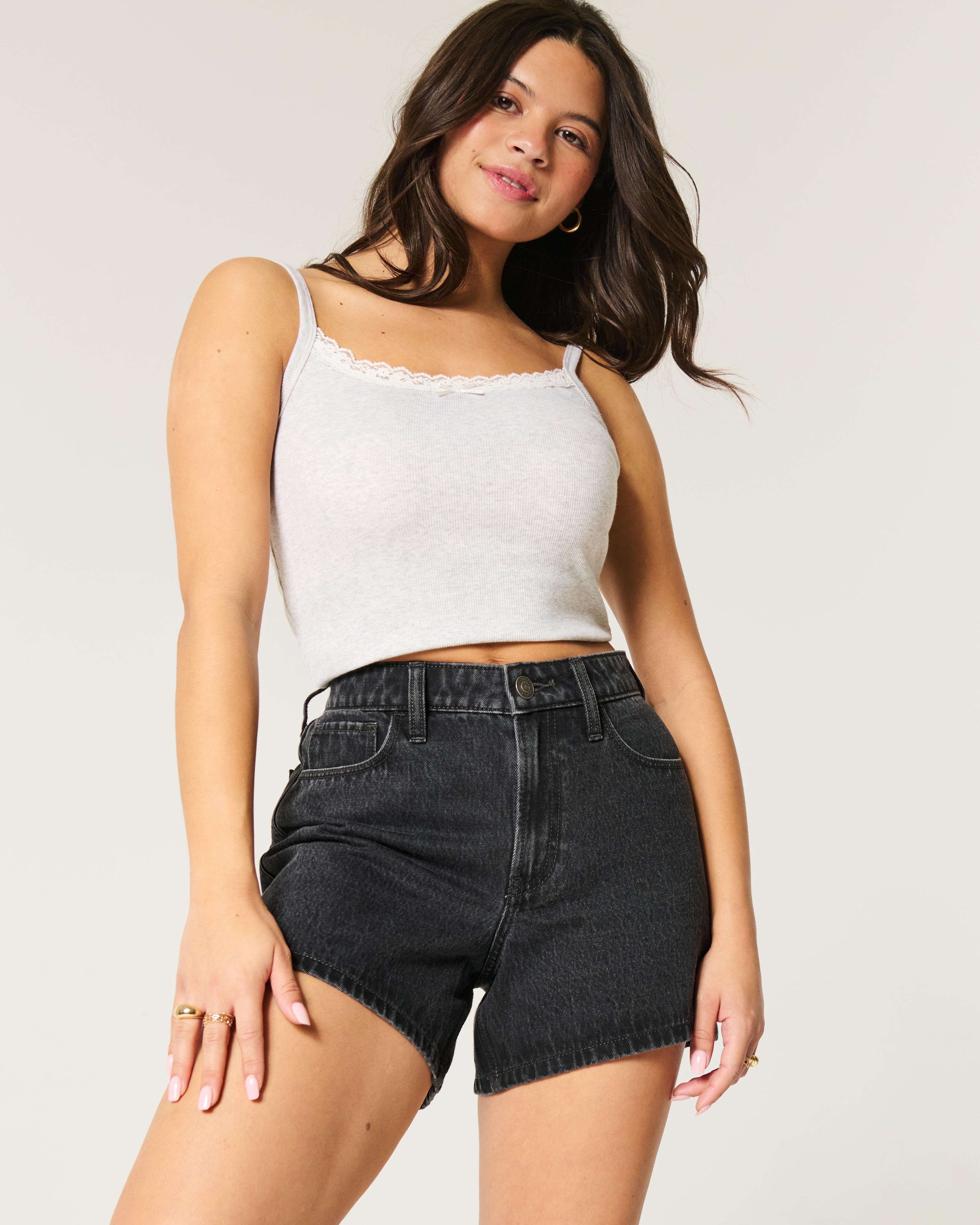 High-Rise Washed Black Relaxed Denim Shorts 5" Product Image