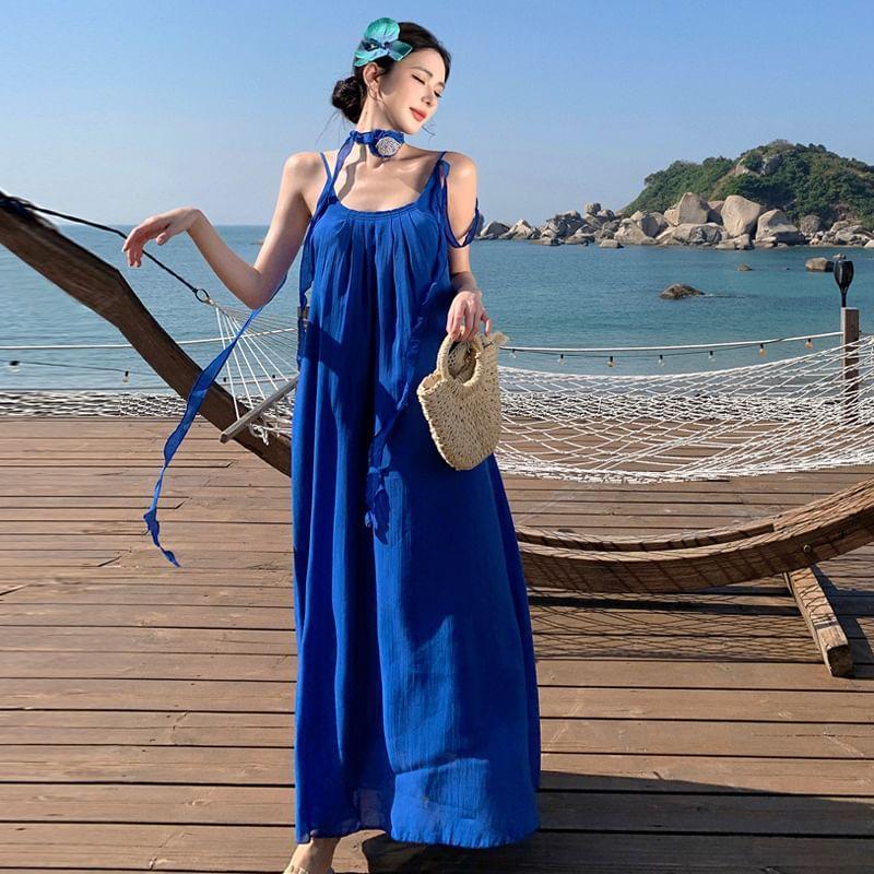 Spaghetti Strap Plain Sash Maxi A-Line Dress Product Image