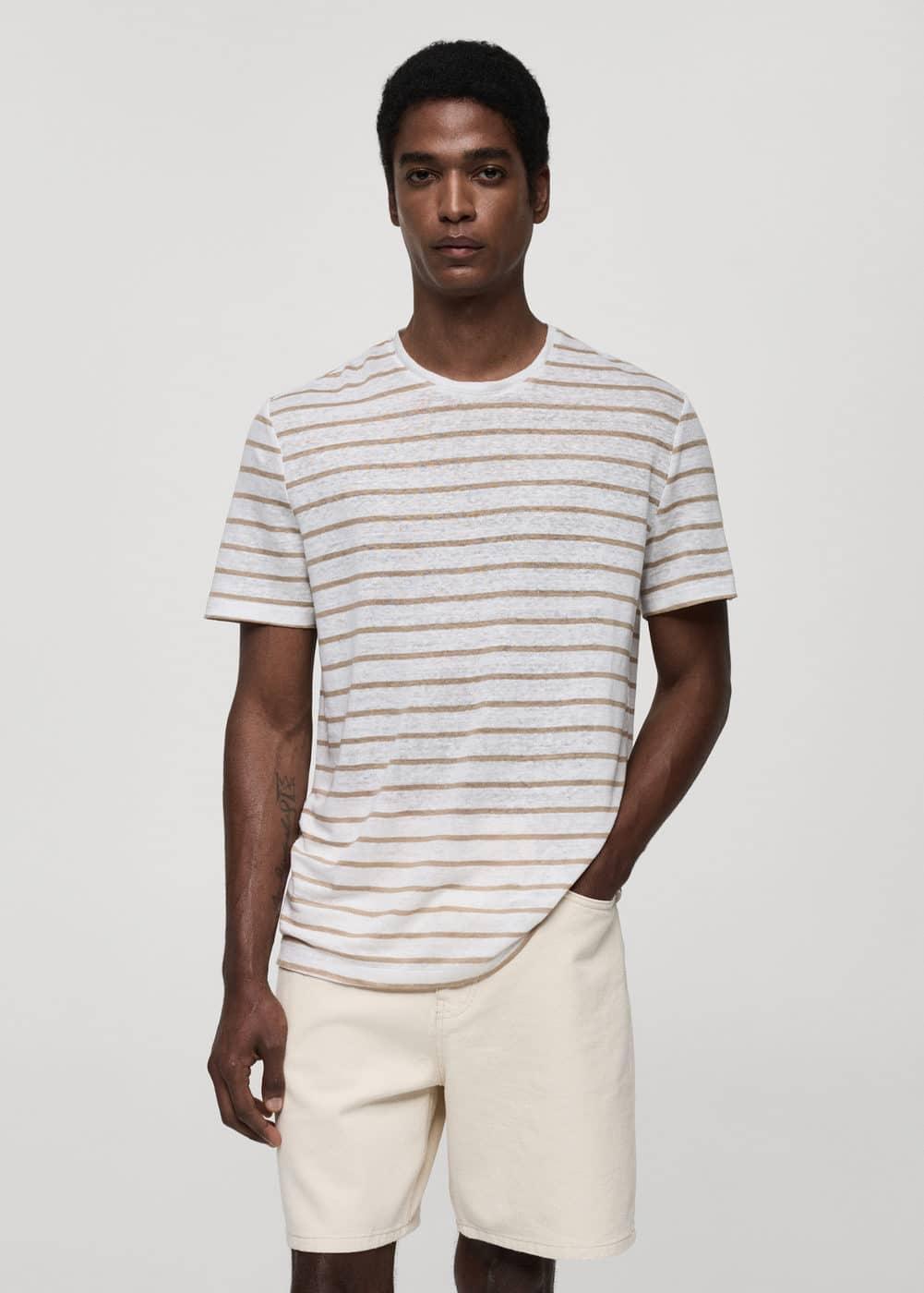 MANGO MAN - 100% linen striped t-shirt whiteMen Product Image