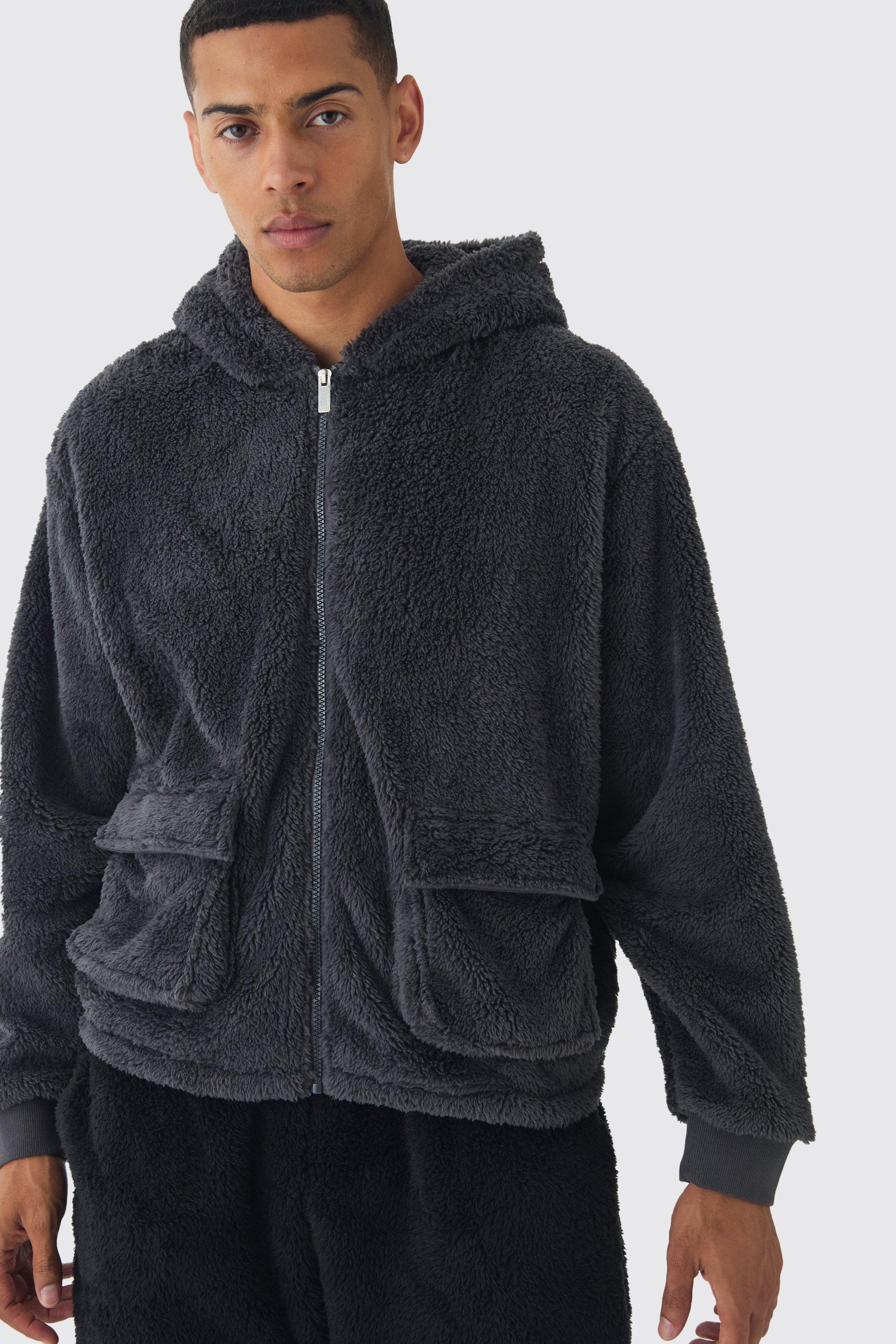 Oversized Boxy Cargo Pocket Zip Through Teddy Borg Hoodie | boohooMAN USA Product Image