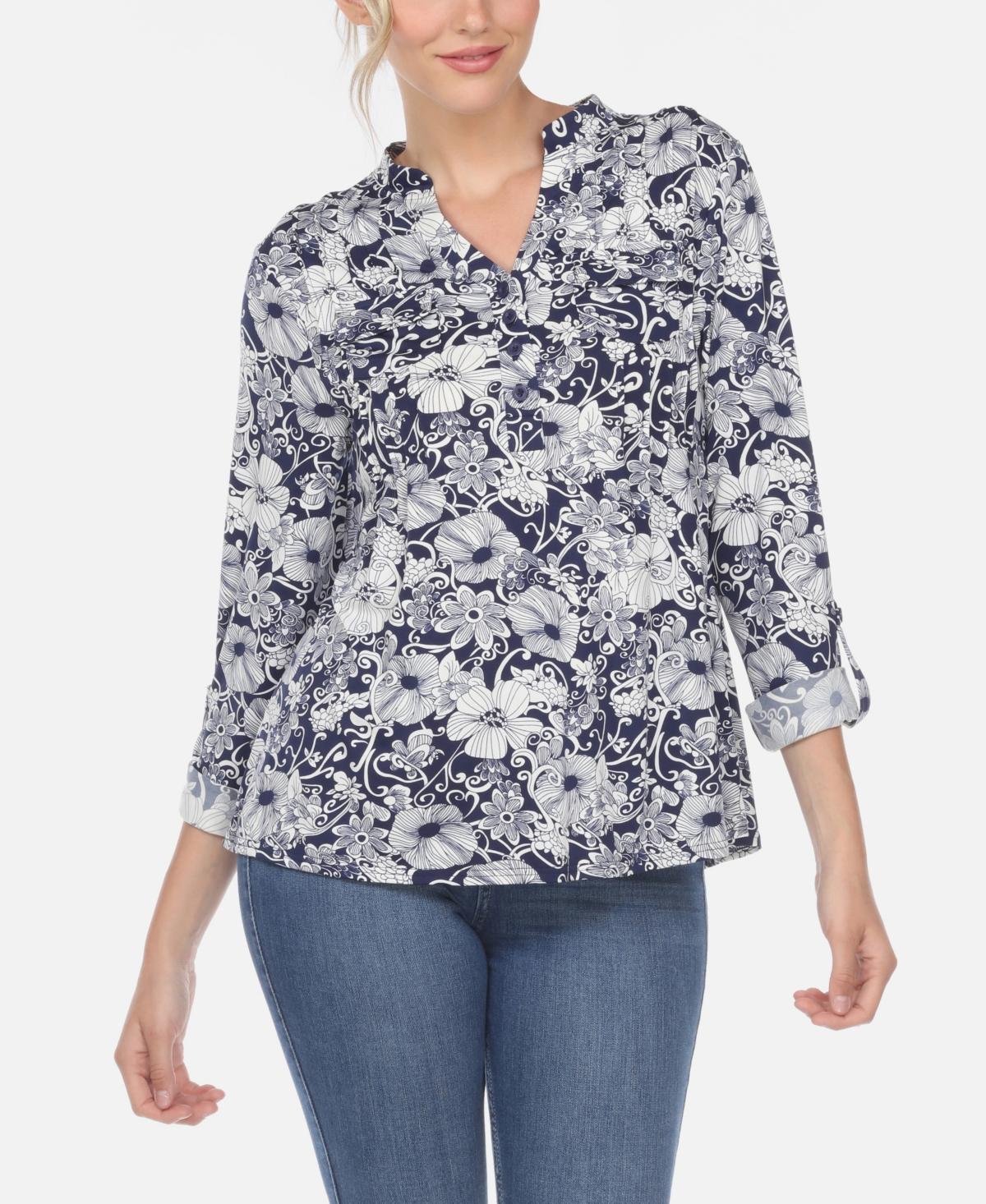 Womens White Mark Pleated Floral Print Blouse Blue Product Image