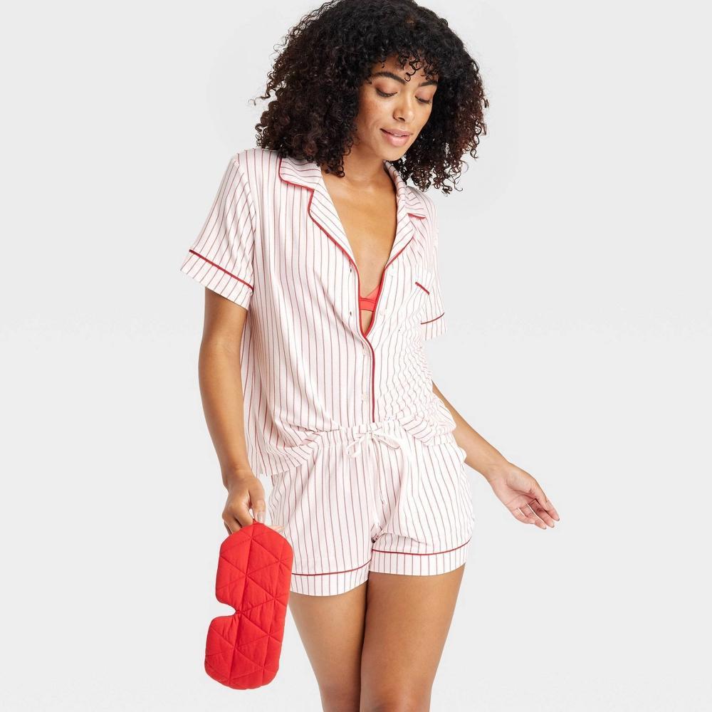 Womens Striped Cloud Knit Short Sleeve Top and Shorts Pajama Set - Auden Cream M Product Image