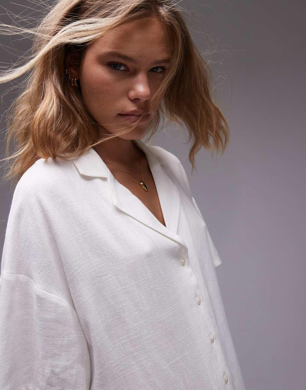 Topshop linen souvenir shirt dress in ivory Product Image