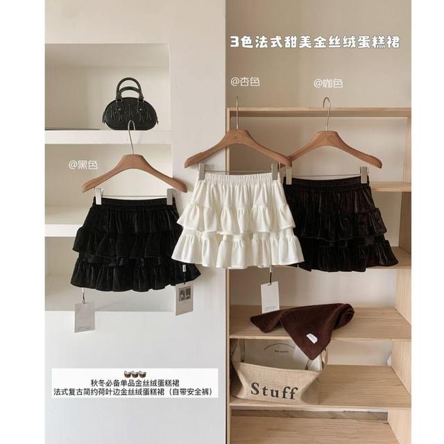 Elastic Waist Plain Tiered Velvet Mini A-Line Skirt Product Image