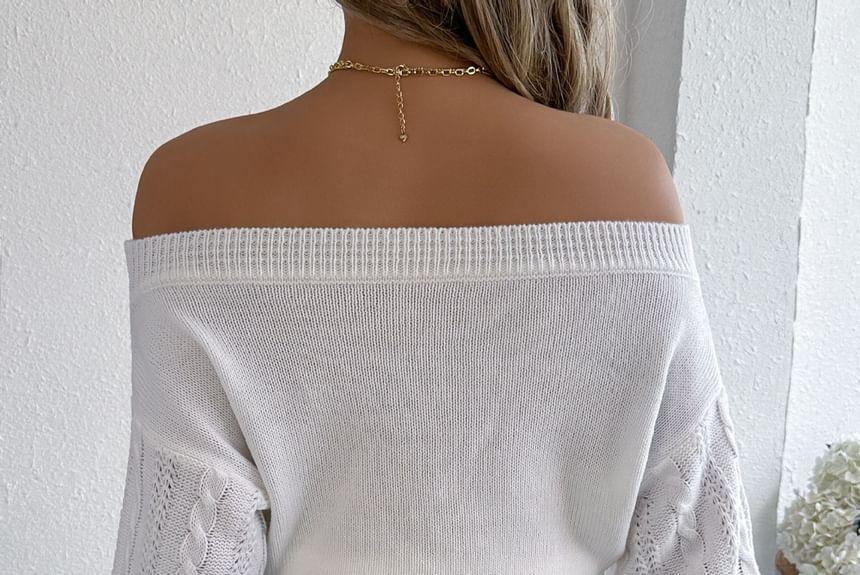 Off-Shoulder Plain Cable Knit Crop Sweater Product Image