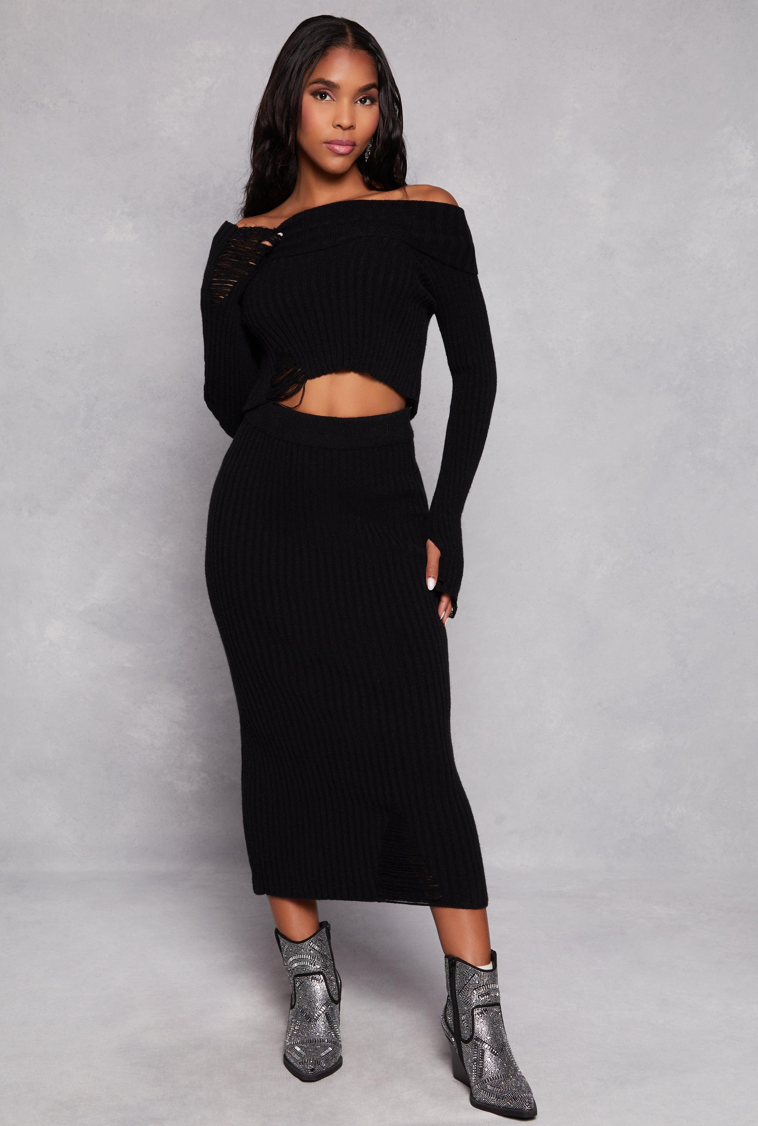 Womens Ribbed Knit Distressed Maxi Skirt product image