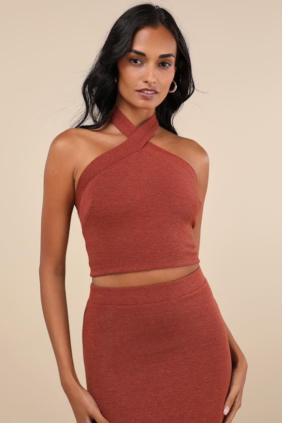 Effortlessly Blessed Heathered Rust Red Knit Halter Crop Top Product Image