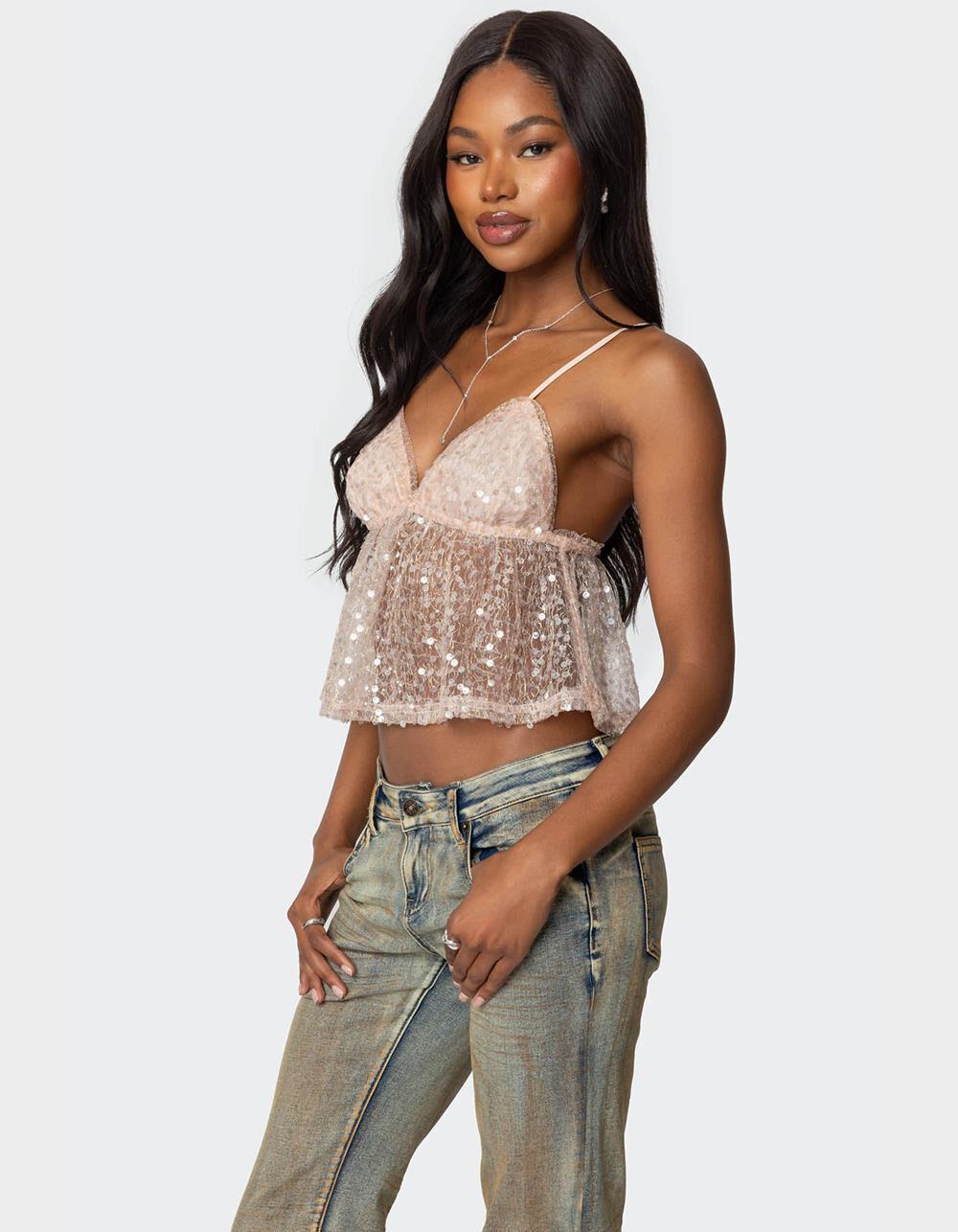 EDIKTED Sheer Sequin Babydoll Tank Top Product Image