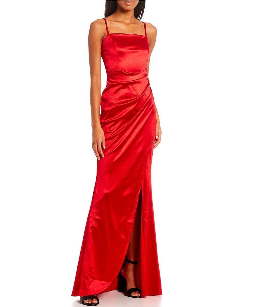 Honey and Rosie Spaghetti-Strap Square-Neck Faux-Wrap Slit Hem Stretch Satin Long Dress Product Image