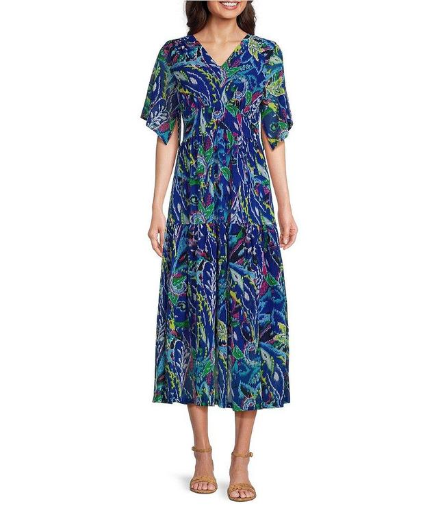 Calessa Stretch Mesh Paisley Print V-Neck Short Flutter Sleeve Tiered Hem Long Dress Product Image