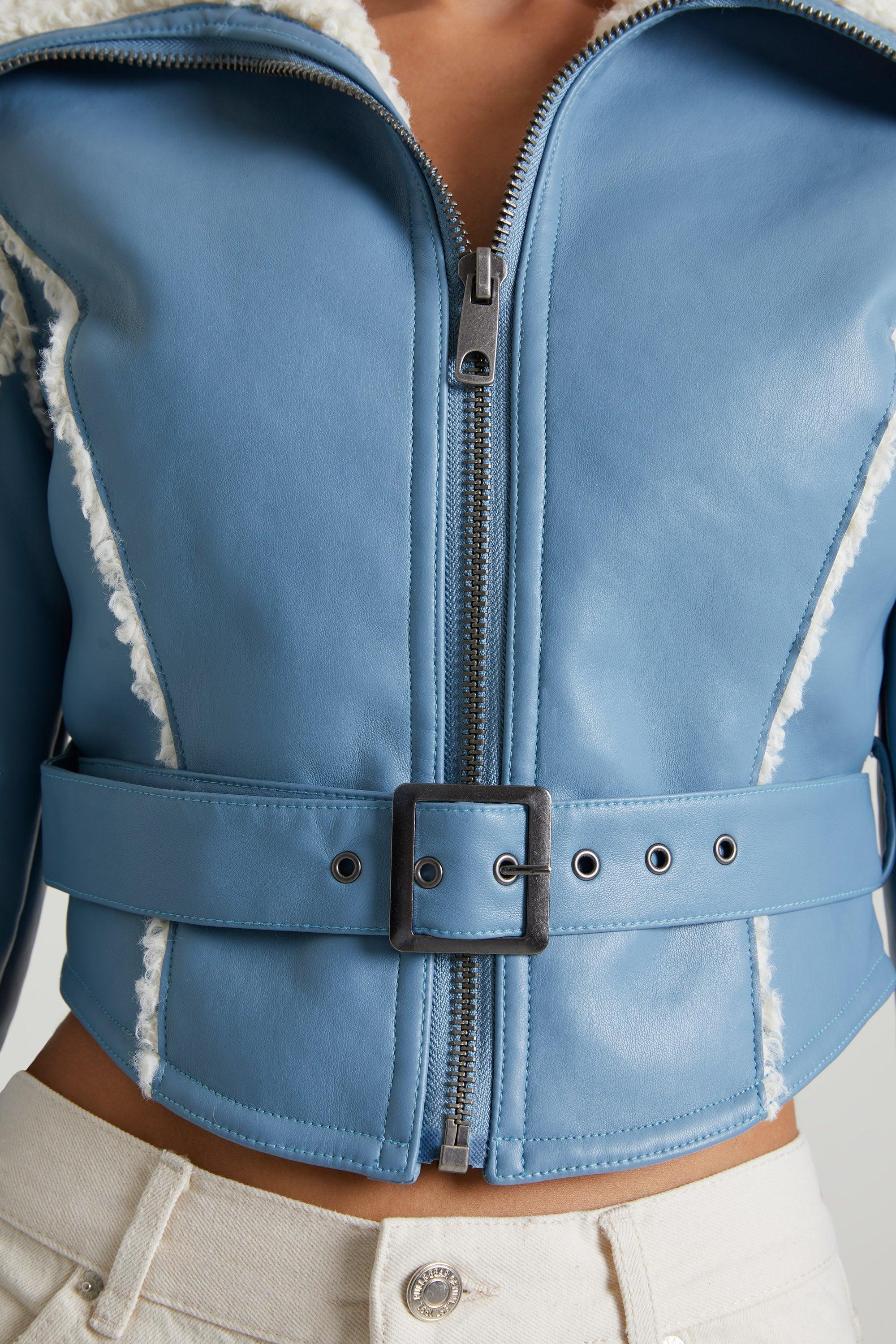 Jacket with Shearling Collar and Trim in Blue Product Image