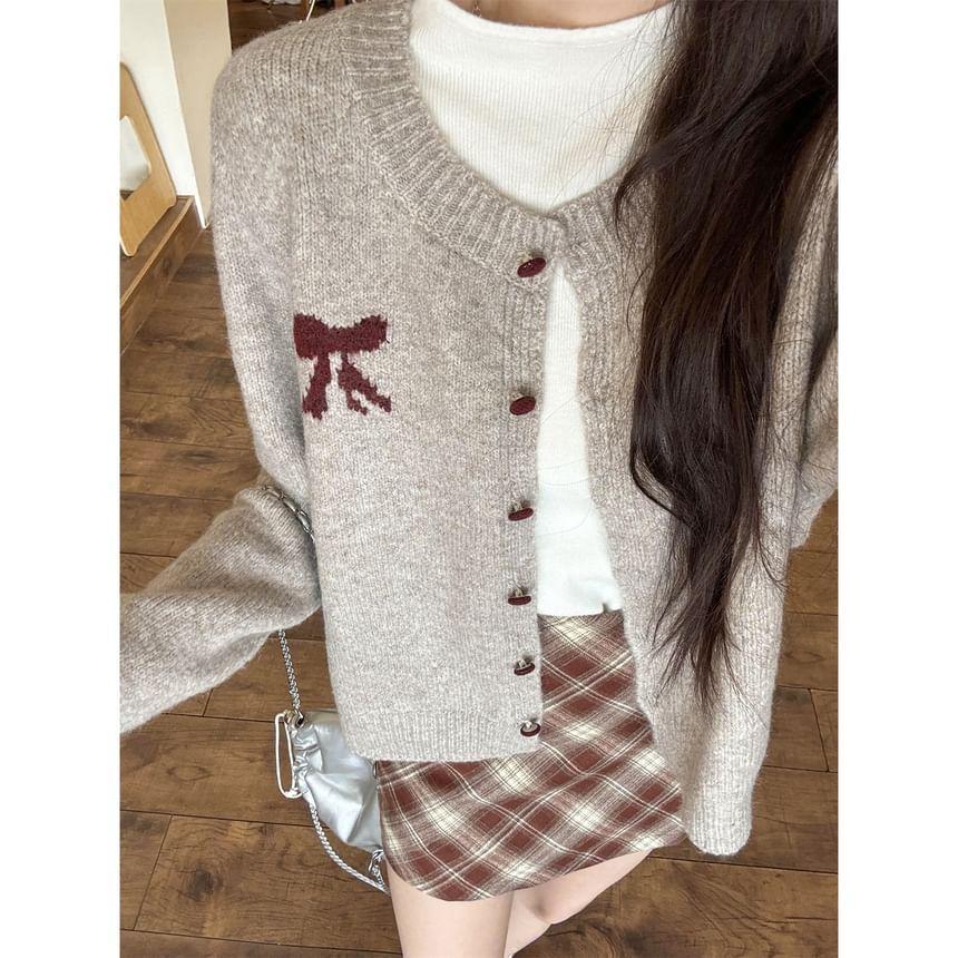 Crew Neck Bow Print Button-Up Cardigan Product Image