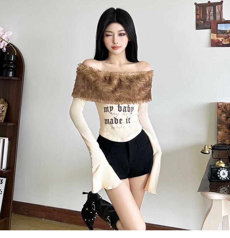 Flared-Sleeve Off-Shoulder Lettering Fluffy Trim Tee Product Image