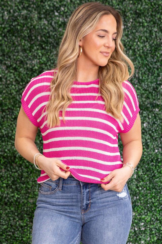 Pink and White Stripe Drop Shoulder Knit Top Product Image