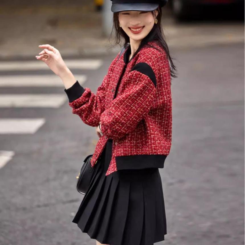 Round Neck Tweed Button Cropped Jacket Product Image