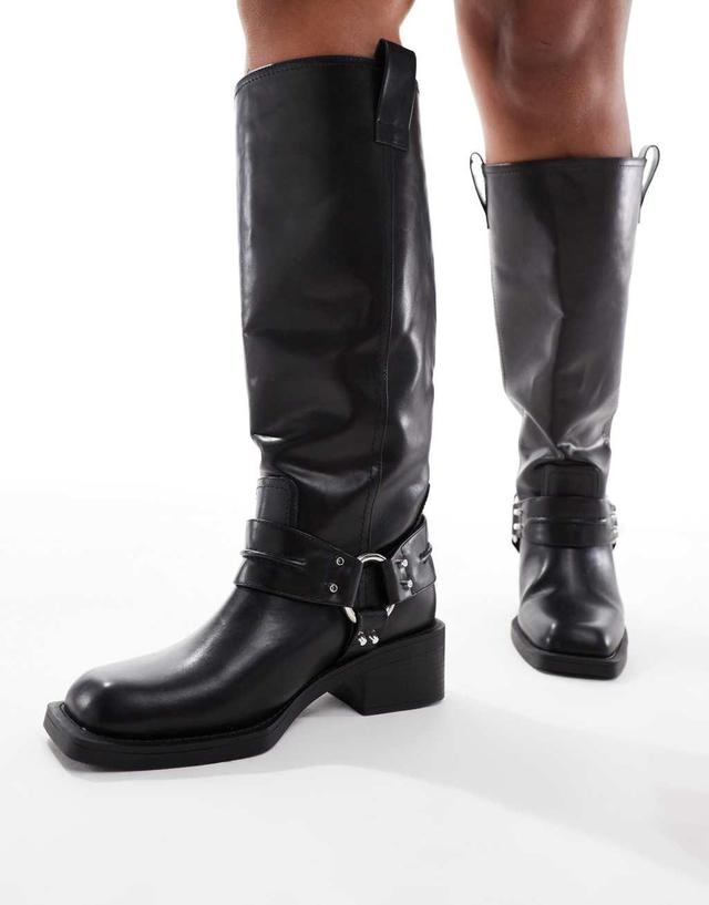 ASOS DESIGN Curve Camila flat biker harness knee boots in black Product Image