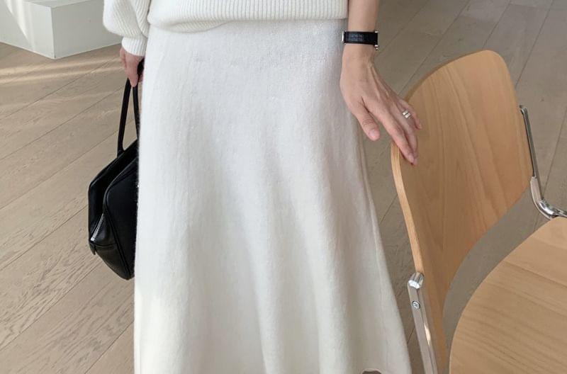 Set: Round Neck Plain Oversized Sweater + Mid Waist Plain Midi A-Line Skirt Product Image