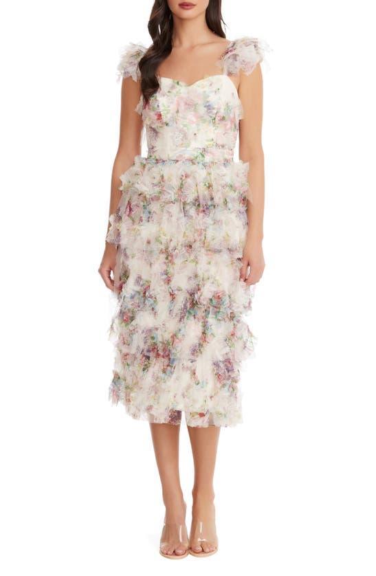 DRESS THE POPULATION Kristen Flutter Sleeve Ruffle Tier Dress In Ivory Multi Product Image