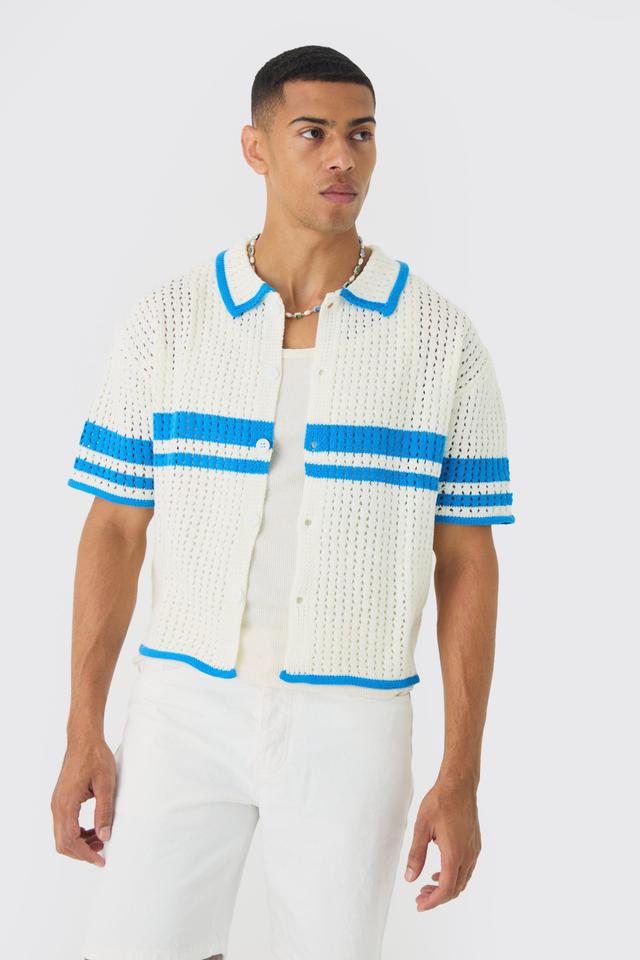 Oversized Boxy Open Stitch Colour Block Knit Shirt | boohooMAN USA Product Image