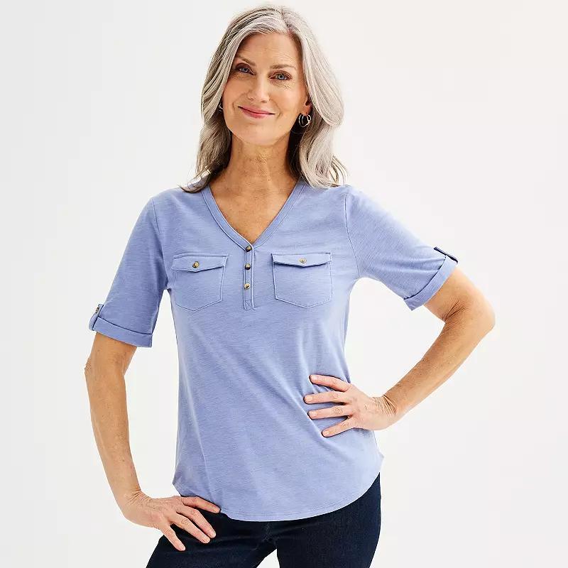 Petite Croft & Barrow Elbow Sleeve Utility Henley Top, Womens Bitter Yellow Product Image