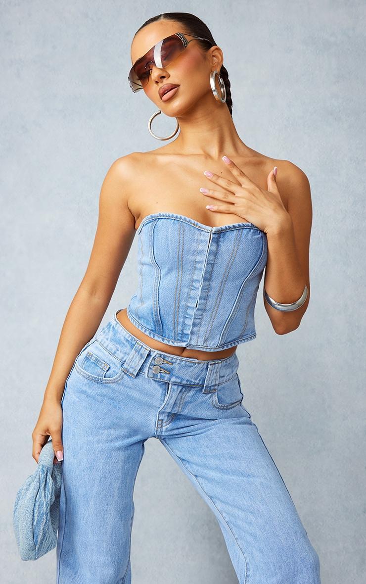 Petite Light Blue Wash Denim Hook And Eye Corset Top Product Image