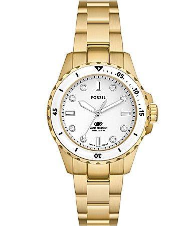 Fossil Womens Blue Dive Three-Hand Date Gold Tone Stainless Steel Bracelet Watch Product Image