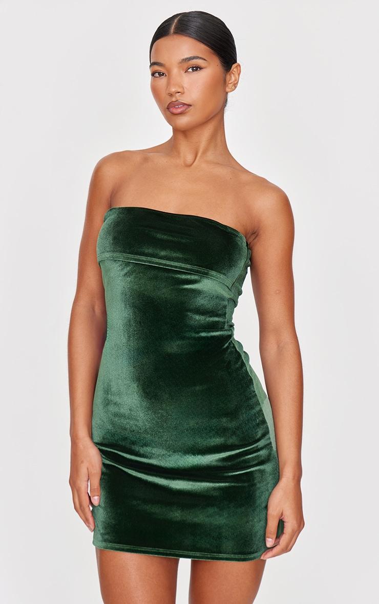 Emerald Green Velvet Bandeau Fold Over Mini Dress Product Image