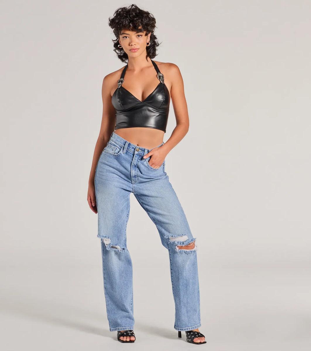 Bold Buckle Halter Strap Faux Leather Crop Top product image