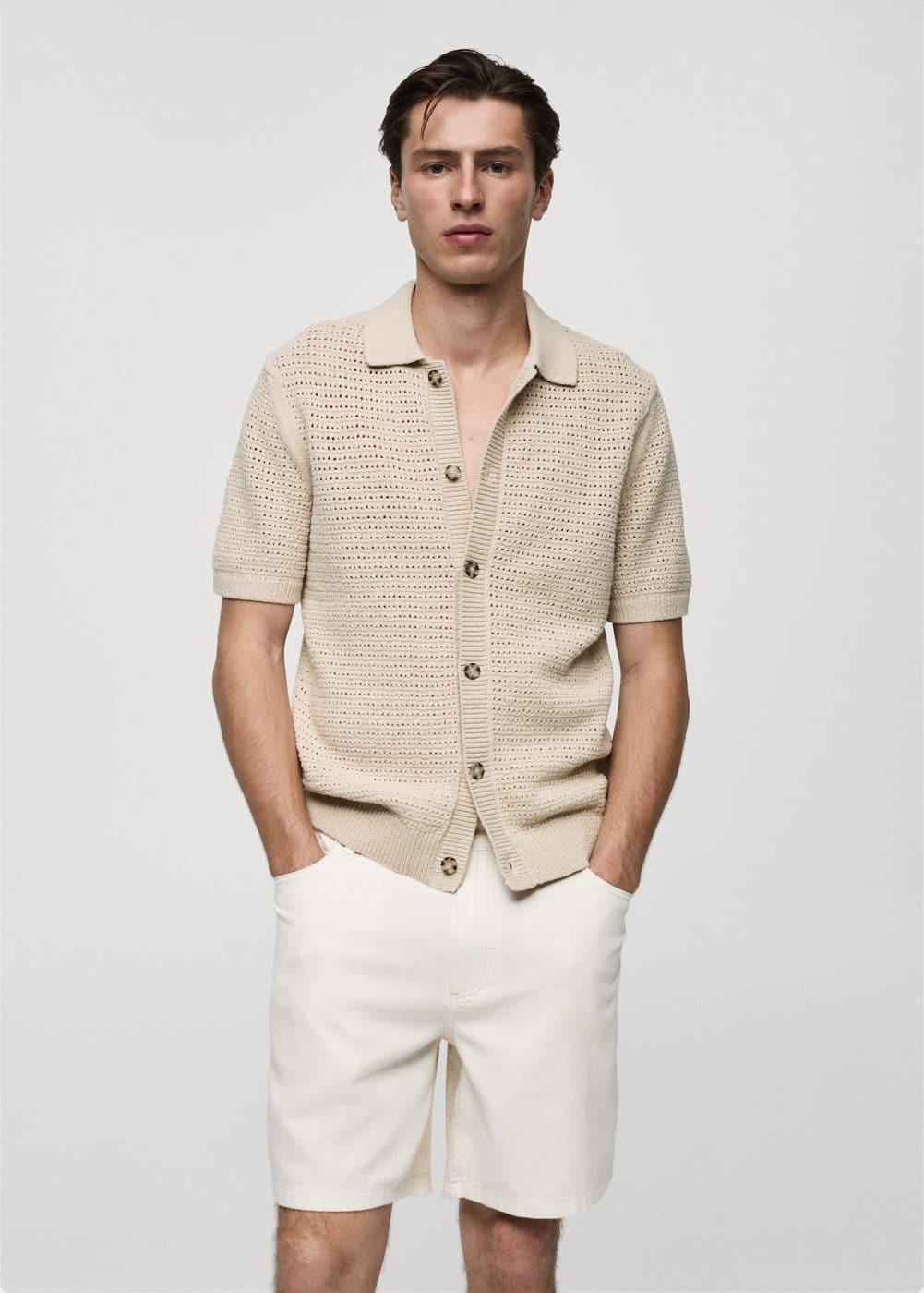 MANGO MAN - Openwork knit polo with buttons beigeMen Product Image